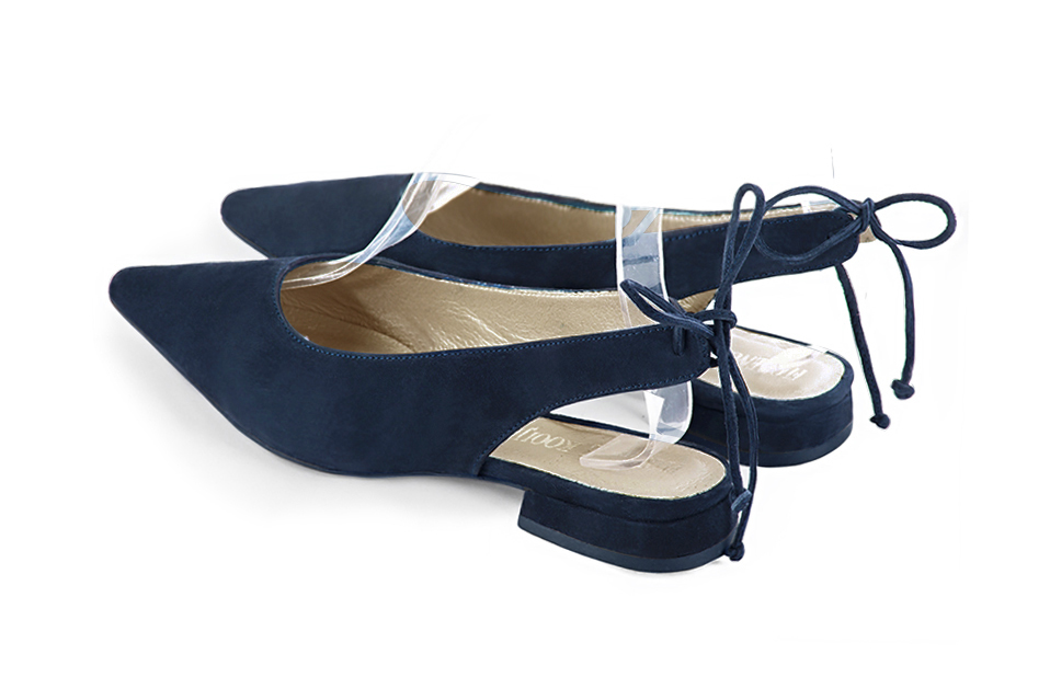 Women's navy blue elegant slingback heels. Pointed toe. Flat flare heels - Rear view